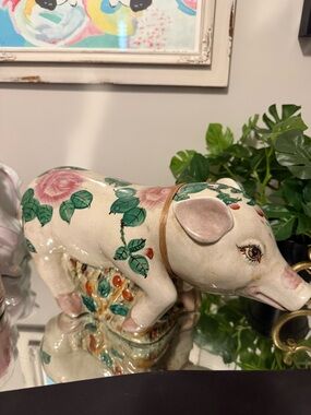 Decorative Floral Ceramic Pig Figurine - White and Green